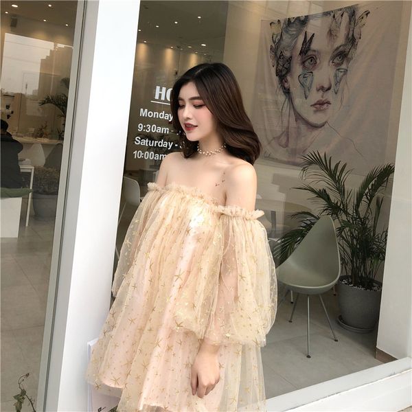women 2019 spring fashion loose dress mesh puff sleeve golden star printed chic mesh dress slash neck fairy mini dress, Black;gray
women 2019 spring fashion loose dress mesh puff sleeve golden star printed chic mesh dress slash neck fairy mini dress, Black;gray