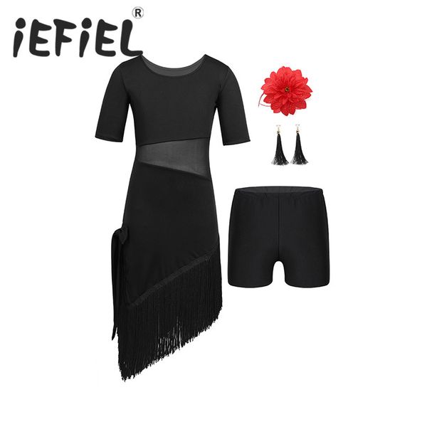 kids girls children ballet dancewear outfit short sleeves mesh splice irregular tassels hem dress with shorts earrings hair clip, Black;red
kids girls children ballet dancewear outfit short sleeves mesh splice irregular tassels hem dress with shorts earrings hair clip, Black;red