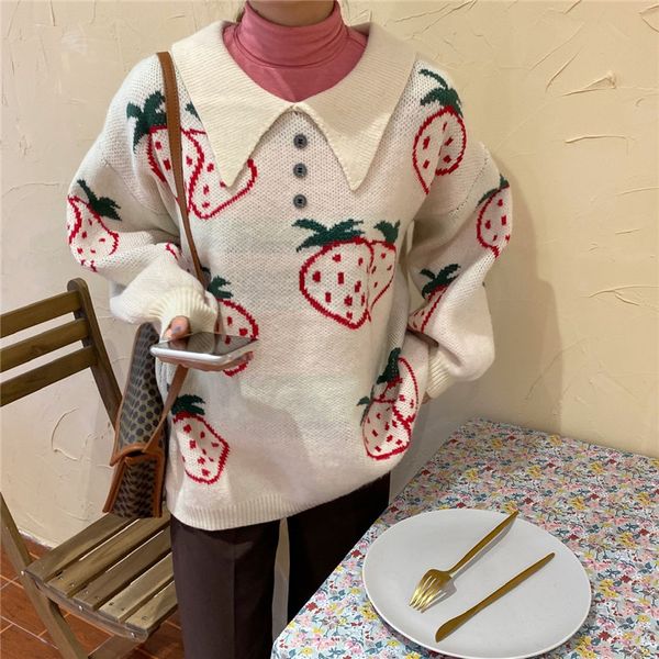 women's sweaters hzirip loose chic strawberries casual sweet jumpers 2021 vintage girls knitted autumn elegant women femme warm soft sw, White;black
women's sweaters hzirip loose chic strawberries casual sweet jumpers 2021 vintage girls knitted autumn elegant women femme warm soft sw, White;black