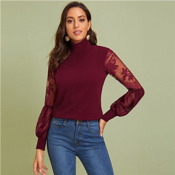 women high neck lace lantern sleeve fashion mesh blouse women's long sleeve pattern printing ladies, White
women high neck lace lantern sleeve fashion mesh blouse women's long sleeve pattern printing ladies, White