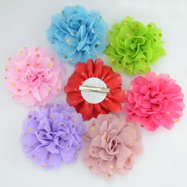 chiffon fabric flowers hairpins with gold stamp dots boutique children hairlips headwear 24 colors, Slivery;white
chiffon fabric flowers hairpins with gold stamp dots boutique children hairlips headwear 24 colors, Slivery;white
