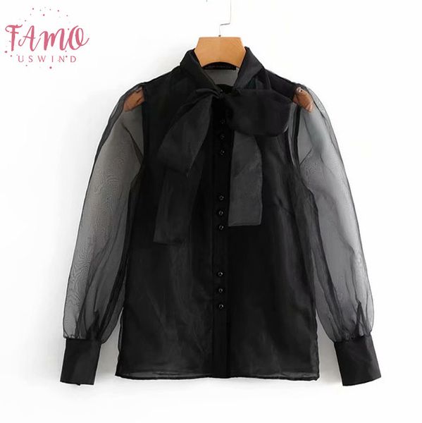 women vintage transparent bow tied collar casual black organza blouse shirt women business feminina blusas chic, White
women vintage transparent bow tied collar casual black organza blouse shirt women business feminina blusas chic, White