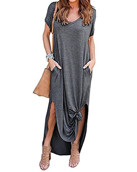 women's v-neck casual long dresses loose with pockets short sleeve split maxi dress, Black;gray
women's v-neck casual long dresses loose with pockets short sleeve split maxi dress, Black;gray