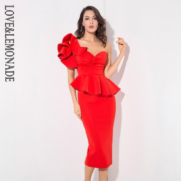 love&lemonade red one-shoulder ruffle trim two-pieces slim set lm1192, White
love&lemonade red one-shoulder ruffle trim two-pieces slim set lm1192, White