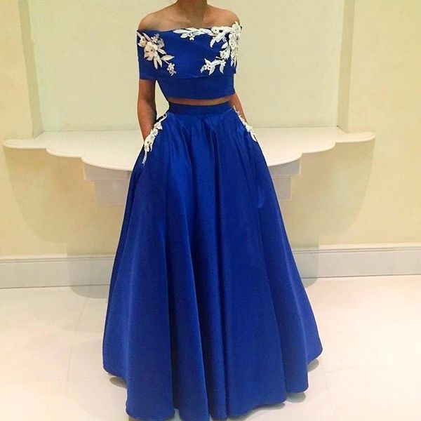 two pieces royal blue prom dresses off the shoulder appliques beads sequins cocktail party gowns short sleeve evening dress, Black
two pieces royal blue prom dresses off the shoulder appliques beads sequins cocktail party gowns short sleeve evening dress, Black