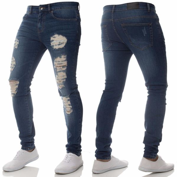 

hole street denim jean fashion skinny high waist men side stripe 80s pant slim pencil brade stripe ripped elastic jeans big size, Blue