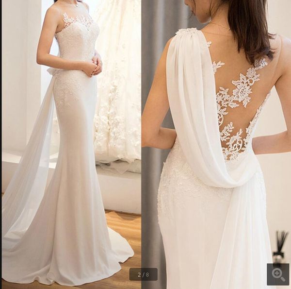2020 new arrival chiffon mermaid wedding dress summer beach lace appliques sleeveless illusion back bridal gowns reception dresses, White
2020 new arrival chiffon mermaid wedding dress summer beach lace appliques sleeveless illusion back bridal gowns reception dresses, White
