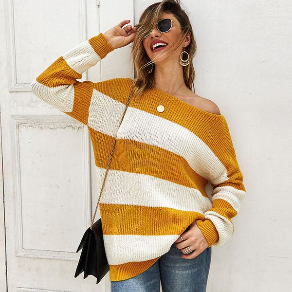 autumn winter women striped sweater long sleeve one of the shoulder pullover women knitted jumper swetry damskie, White;black
autumn winter women striped sweater long sleeve one of the shoulder pullover women knitted jumper swetry damskie, White;black