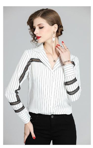 women vintage office lace pactwork striped hollow out blouse shirt elegant ladies tunic long sleeve female turn down collar, White
women vintage office lace pactwork striped hollow out blouse shirt elegant ladies tunic long sleeve female turn down collar, White
