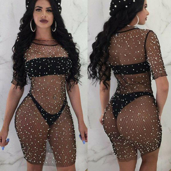 women summer short sleeve swimwear cover up mesh beach dress ladies see-through solid slim mini dresses, Black;gray
women summer short sleeve swimwear cover up mesh beach dress ladies see-through solid slim mini dresses, Black;gray
