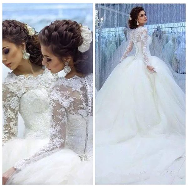 2019 scoop neck long sleeves lace appliques wedding dresses chapel train long bridal gowns modest garden vestidos de mariee formal, White
2019 scoop neck long sleeves lace appliques wedding dresses chapel train long bridal gowns modest garden vestidos de mariee formal, White