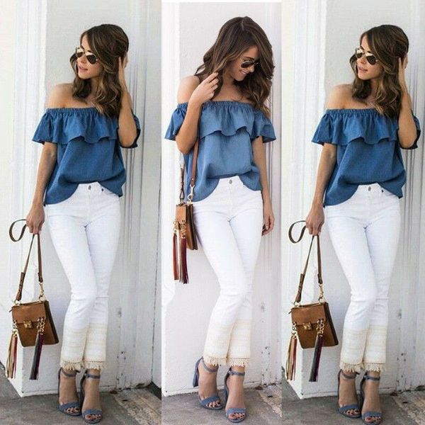 new fashion women's summer off shoulder ladies loose casual denim blouse ruffles shirts solid clothes, White
new fashion women's summer off shoulder ladies loose casual denim blouse ruffles shirts solid clothes, White