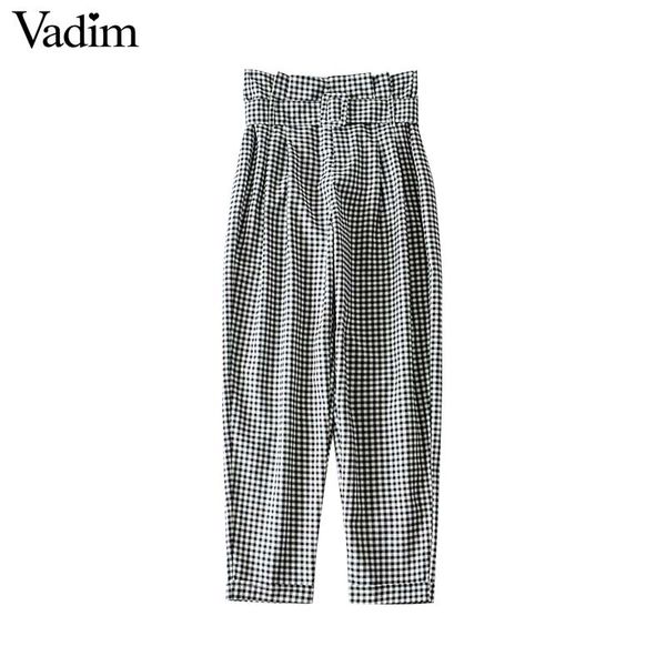 vadim women elegant plaid pants belt zipper design pockets female office wear casual chic trousers long pantalones kb102, Black;white
vadim women elegant plaid pants belt zipper design pockets female office wear casual chic trousers long pantalones kb102, Black;white