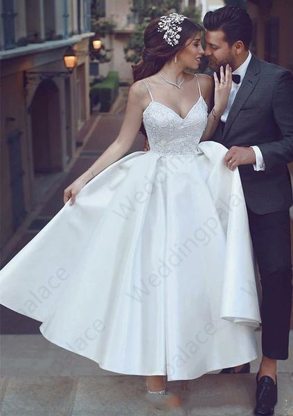 tea-length arabic beach wedding dresses spaghetti backless simple lace stain summer holiday seaside bridal short wedding gown wd032, White
tea-length arabic beach wedding dresses spaghetti backless simple lace stain summer holiday seaside bridal short wedding gown wd032, White