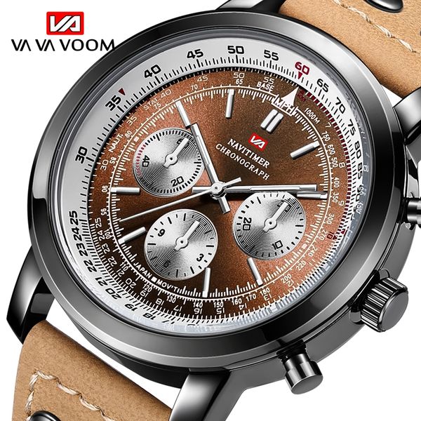 

men pilot aviation watch leather quartz clock men's sports waterproof watches man wristwatch for male, Slivery;brown