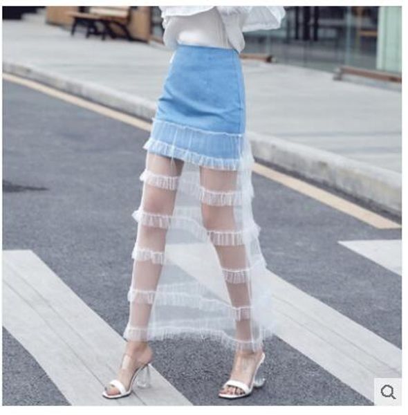 New design women's high waist denim jeans patchwork gauze cake layered perspective maxi long skirt S M L XL, Black
New design women's high waist denim jeans patchwork gauze cake layered perspective maxi long skirt S M L XL, Black