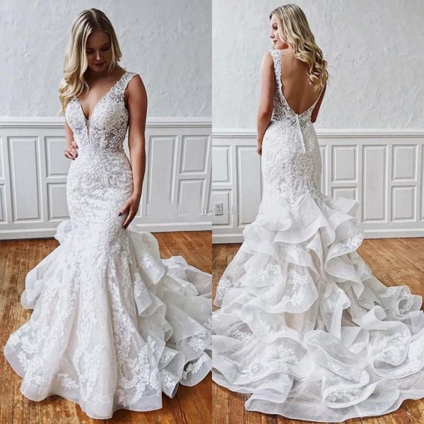 2020 classy mermaid lace beautyful wedding dresses sheer neck backless bridal gowns plus size ruffled sweep train trumpet vestido de novia, White
2020 classy mermaid lace beautyful wedding dresses sheer neck backless bridal gowns plus size ruffled sweep train trumpet vestido de novia, White