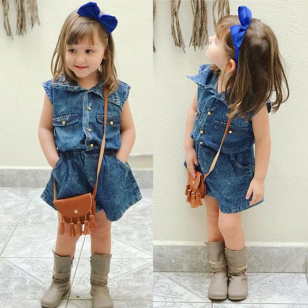 

мода малыш дети девочка принцесса рябить джинсовый комбинезон комбинезон наряды одежда синий джинсовый комбинезон для девочек 2-7 лет, Blue