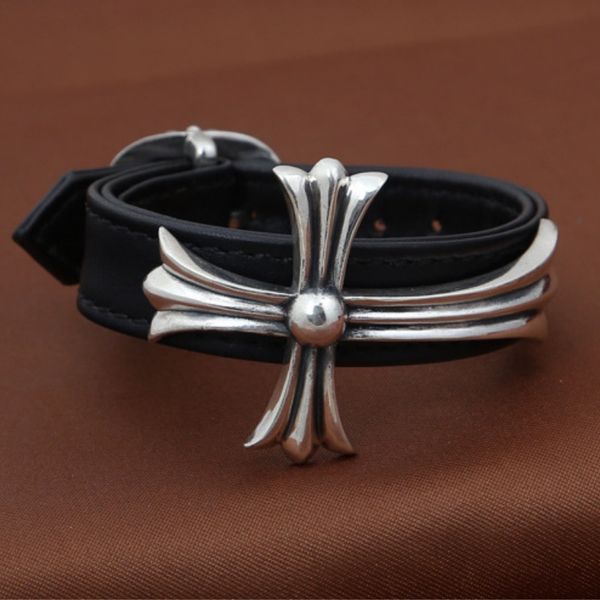 925 sterling silver vintage handmade jewelry american european antique silver cross charm leather band designer watch clasp bracelets, Black
925 sterling silver vintage handmade jewelry american european antique silver cross charm leather band designer watch clasp bracelets, Black