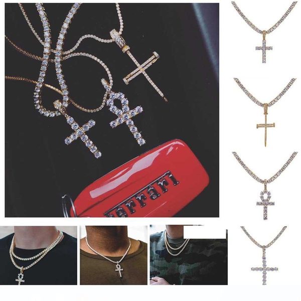 hip hop iced out анк крест ожерелье 4мм теннис цепь micro pave cz камни золотые цепочки для мужчин, Silver