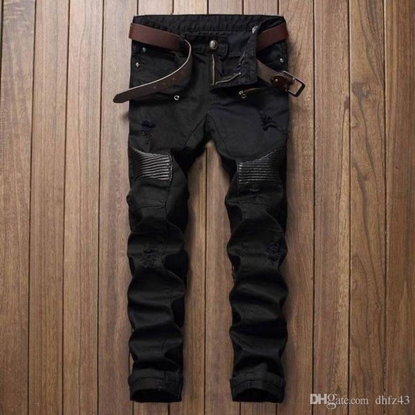 fashion designer mens ripped biker jeans leather patchwork slim fit black moto denim joggers for male distressed jeans pants, Blue
fashion designer mens ripped biker jeans leather patchwork slim fit black moto denim joggers for male distressed jeans pants, Blue