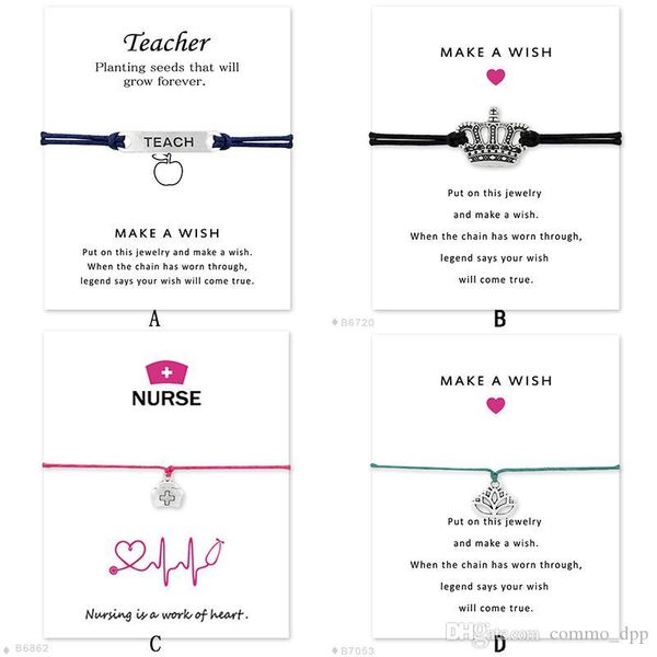 fashion wish bracelet with gift card crown nurse medical kit apple teacher lotus charm wax rope wrap bangle for women men designer jewelry, Golden;silver
fashion wish bracelet with gift card crown nurse medical kit apple teacher lotus charm wax rope wrap bangle for women men designer jewelry, Golden;silver