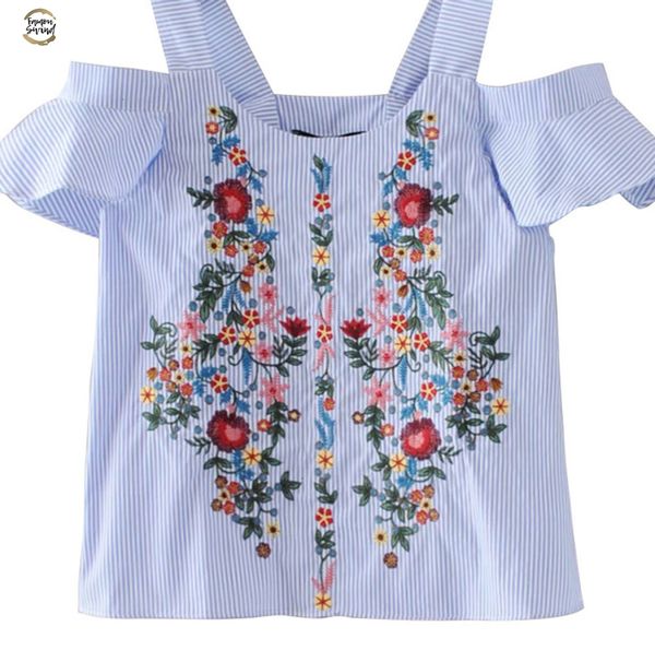 off shouder floral embroidery striped shirts women's blouses sweet ruffles short sleeve blouse ladies casual brand blusas, White
off shouder floral embroidery striped shirts women's blouses sweet ruffles short sleeve blouse ladies casual brand blusas, White