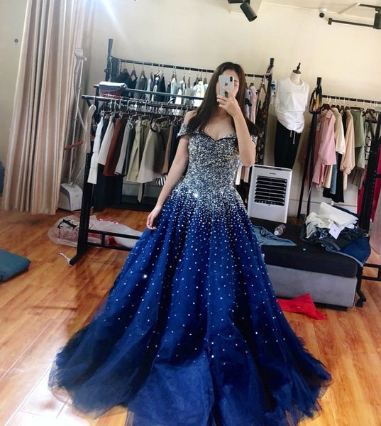 off the shoulder navy blue ball gown prom dress beading sequins lace-up back evening dresses, Black
off the shoulder navy blue ball gown prom dress beading sequins lace-up back evening dresses, Black