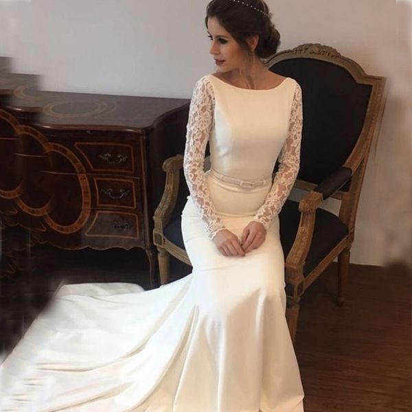 gorgeous mermaid long sleeve wedding dresses lace stain long sweep train jewel neck bridal dress for women custom made, White
gorgeous mermaid long sleeve wedding dresses lace stain long sweep train jewel neck bridal dress for women custom made, White