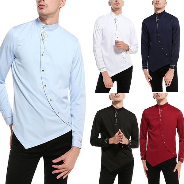 men long sleeve solid color oblique buttons slim breathable shirt for business work fdc99, White;black
men long sleeve solid color oblique buttons slim breathable shirt for business work fdc99, White;black