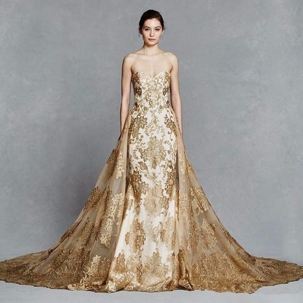 gorgeous overskirt mermaid wedding dresses with detachable train sweetheart neck lace appliques sweep train tulle gold chapel bridal gowns, White