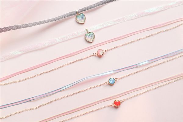 

double layer round heart pendant choker necklace for women fashion sweet clavicle chain necklace collares gift with card korean style, Golden;silver
