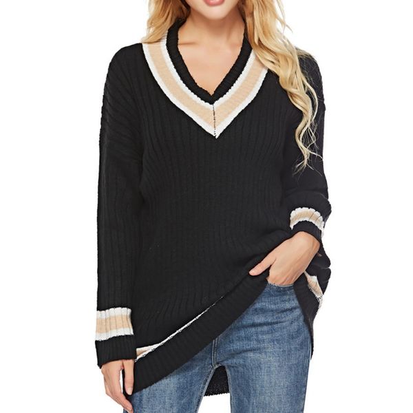 women casual loose pullover sweater v-neck stitching color long-sleeved knit sweater 2020, White;black
women casual loose pullover sweater v-neck stitching color long-sleeved knit sweater 2020, White;black