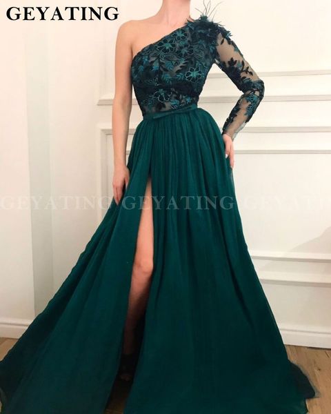

emerald green long sleeve evening dress 2019 one shoulder side split special occasion dresses lace appliques feather prom gowns, White;black