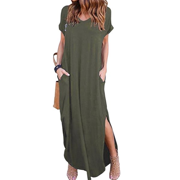 women v neck pencil party solid short sleeve side split casual travel summer beach slender waist long loose pocket maxi dress, Black;gray
women v neck pencil party solid short sleeve side split casual travel summer beach slender waist long loose pocket maxi dress, Black;gray