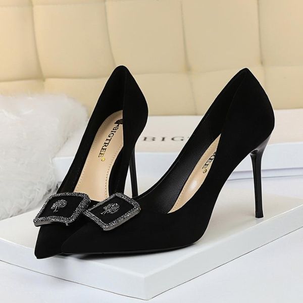 european and american style thin high heel women's shoes fine heel high suede shallow mouth pointed metal buckle singl, Black
european and american style thin high heel women's shoes fine heel high suede shallow mouth pointed metal buckle singl, Black