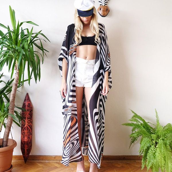 women middle sleeve striped print vacation loose chiffon ankle length bikini summer smock lace-up cardigan, Blue;gray
women middle sleeve striped print vacation loose chiffon ankle length bikini summer smock lace-up cardigan, Blue;gray