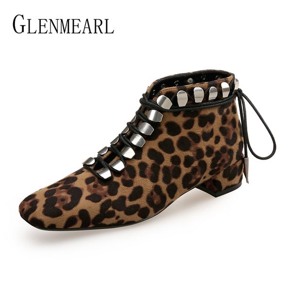 women boots winter casual shoes brand lace up high heels ankle boot female leopard fashion rivet punk laides shoe plus size de, Black