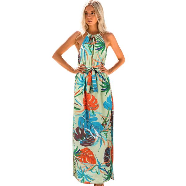 women summer beach dress floral print halter neckine sleeveless sundress high tied waist split maxi gown elegant vacation wear, Black;gray
women summer beach dress floral print halter neckine sleeveless sundress high tied waist split maxi gown elegant vacation wear, Black;gray