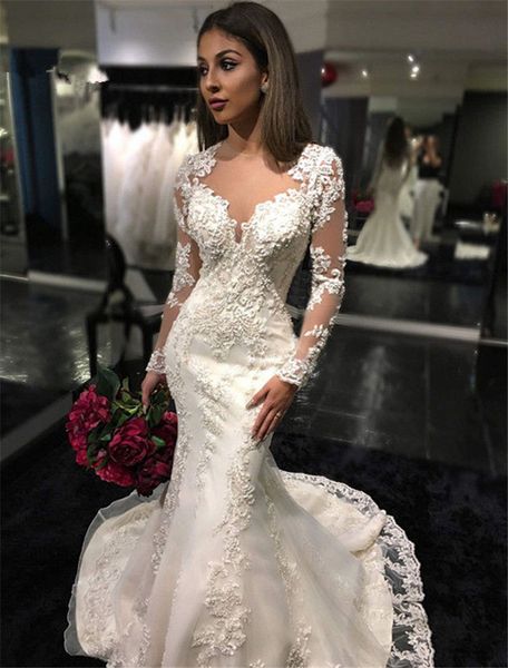 2020 charming sheer neck wedding dresses mermaid sweetheart long sleeves appliques saudi arabic wedding gown bridal dresses, White
2020 charming sheer neck wedding dresses mermaid sweetheart long sleeves appliques saudi arabic wedding gown bridal dresses, White