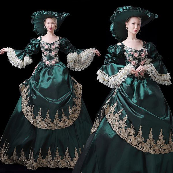 medieval renaissance european royal women formal evening gown puff sleeve court costume vintage applique flower ball prom dress, White;black
medieval renaissance european royal women formal evening gown puff sleeve court costume vintage applique flower ball prom dress, White;black