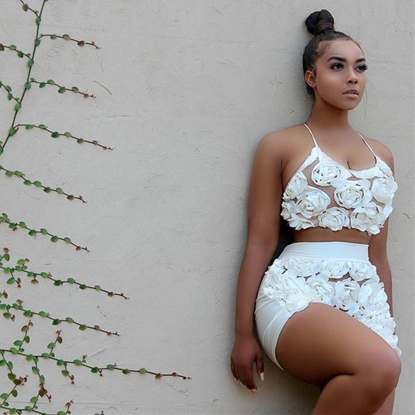 2 piece set women white floral mesh lace pant suit halter crop and shorts set summer outfits clothing, White;black 
2 piece set women white floral mesh lace pant suit halter crop and shorts set summer outfits clothing, White;black