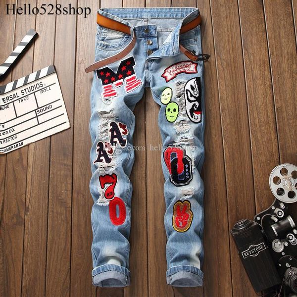 hello528shop fashion blue men's biker jeans hole patch straight fit small leg embroidery ripped denim pants, Black
hello528shop fashion blue men's biker jeans hole patch straight fit small leg embroidery ripped denim pants, Black