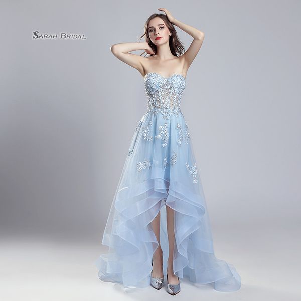 

Baby Blue Lace A-Line Hi-Lo Prom Party Dress 2019 Sexy Elegant Vestidos De Festa Evening Occasion Sleeveless Formal Gown LX552