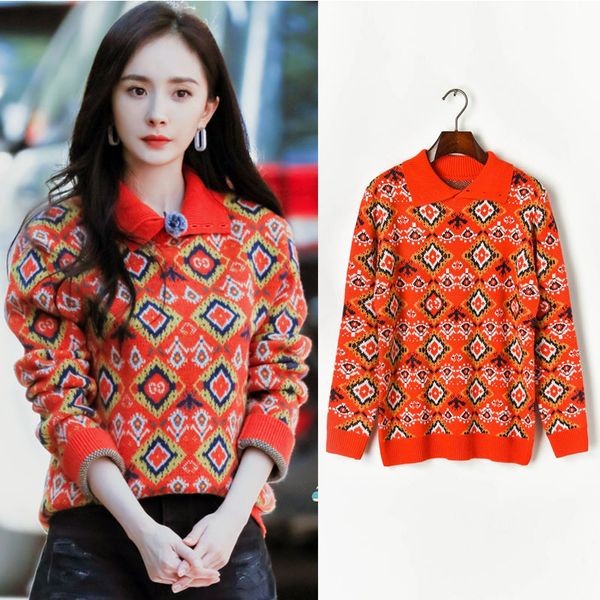yang mi's orange and red jacquard lapel long sleeve knit sweater loose sweater autumn winter, Tan;black
yang mi's orange and red jacquard lapel long sleeve knit sweater loose sweater autumn winter, Tan;black