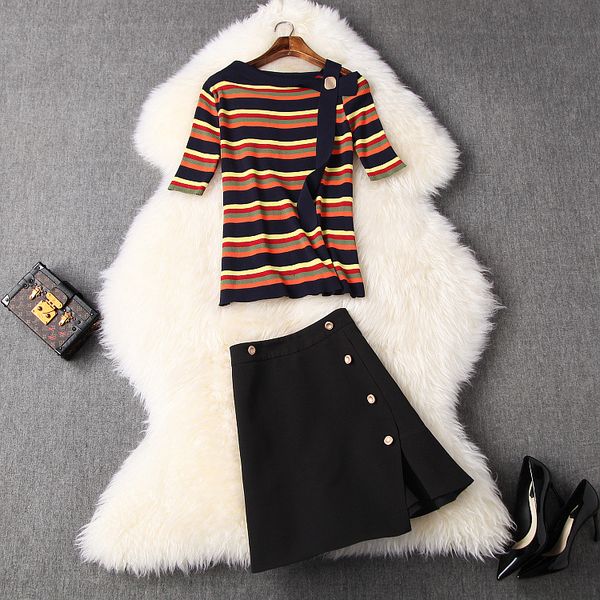 new european and american women's dresses for spring 2020 short sleeve striped knit t-shirt button skirt fashion suits, White
new european and american women's dresses for spring 2020 short sleeve striped knit t-shirt button skirt fashion suits, White