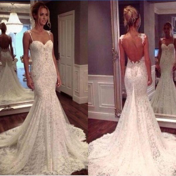 2019 spring lace mermaid wedding dresses spaghetti straps backless court train with applique custom made modest bridal gowns, White
2019 spring lace mermaid wedding dresses spaghetti straps backless court train with applique custom made modest bridal gowns, White