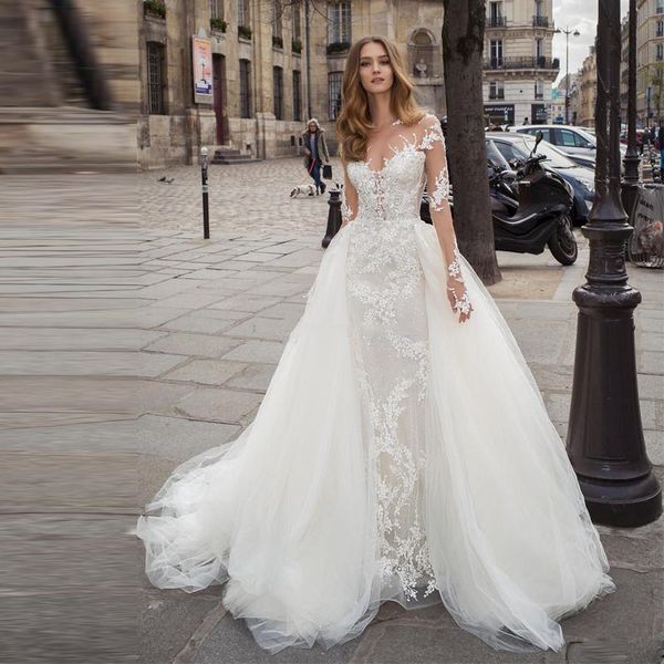 gorgeous mermaid wedding dresses with detachable train lace appliques sheer neck long sleeve castle wedding gowns bridal abiti da sposa, White
gorgeous mermaid wedding dresses with detachable train lace appliques sheer neck long sleeve castle wedding gowns bridal abiti da sposa, White