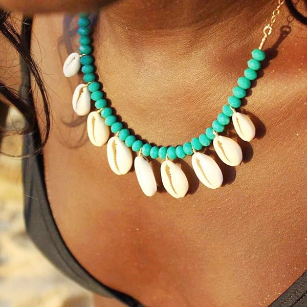 

turquoises choker cowrie shell beaded statement necklace women sea shells surf girl beach jewelry boho summer gifts for her, Golden;silver