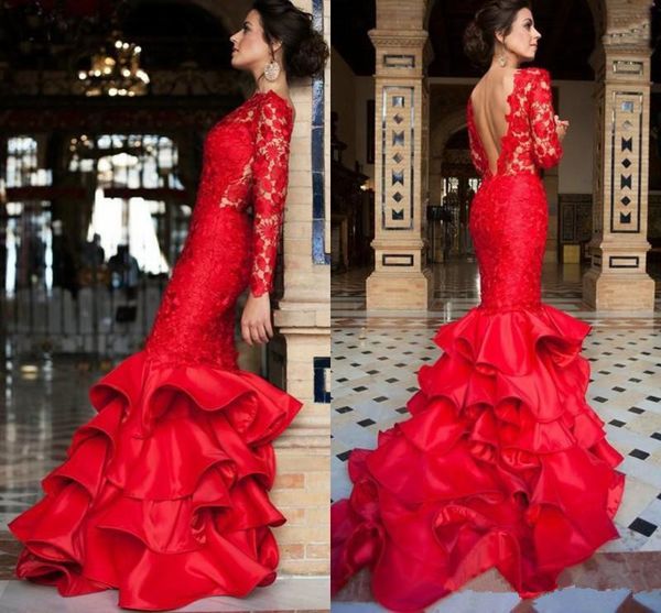 tiered mermaid evening dresses 2019 long sleeves red lace ruffles skirt open back prom formal gowns, Black;red
tiered mermaid evening dresses 2019 long sleeves red lace ruffles skirt open back prom formal gowns, Black;red